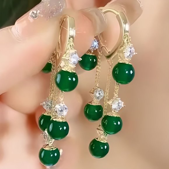 NEW GP Green Emerald Cat Eye Stone & CZ Tassel Earrings - Picture 2 of 5